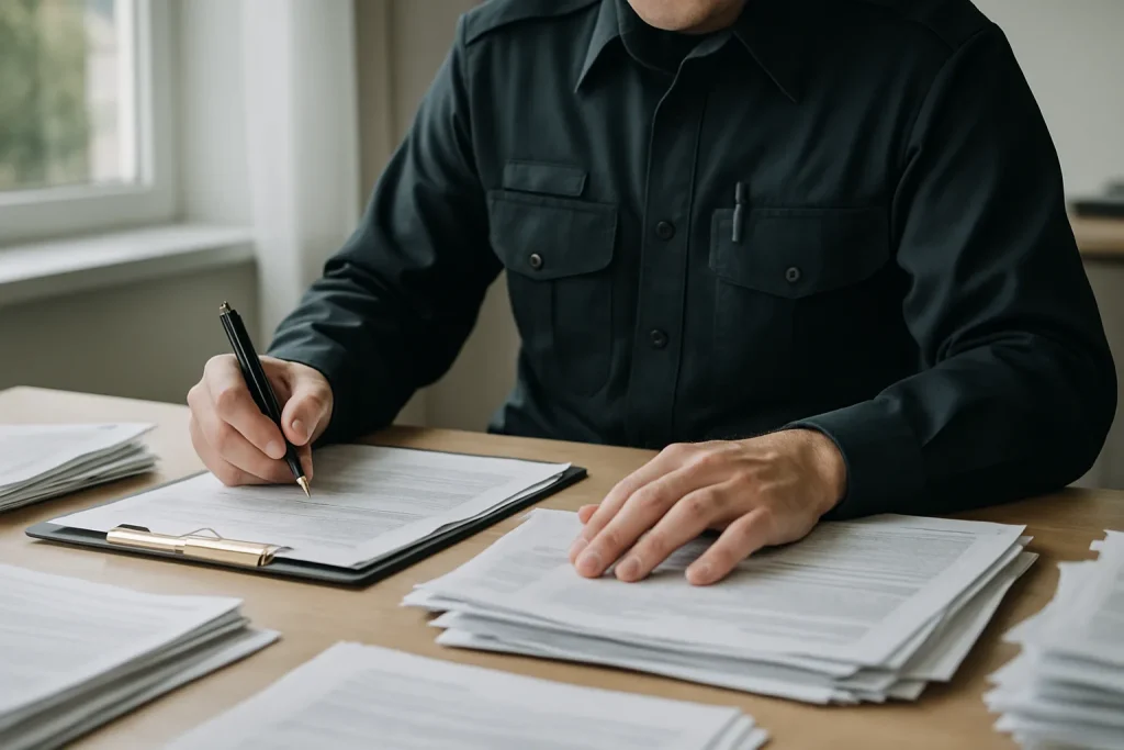 Expert en uniforme manipulant des documents sur une table, lumière naturelle