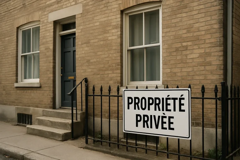 Façade de maison urbaine avec panneau 'Propriété privée', lumière du jour.