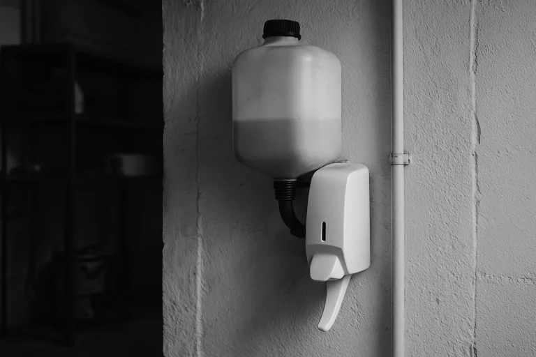 Équipement de désinfection accroché à un mur dans un local technique en noir et blanc