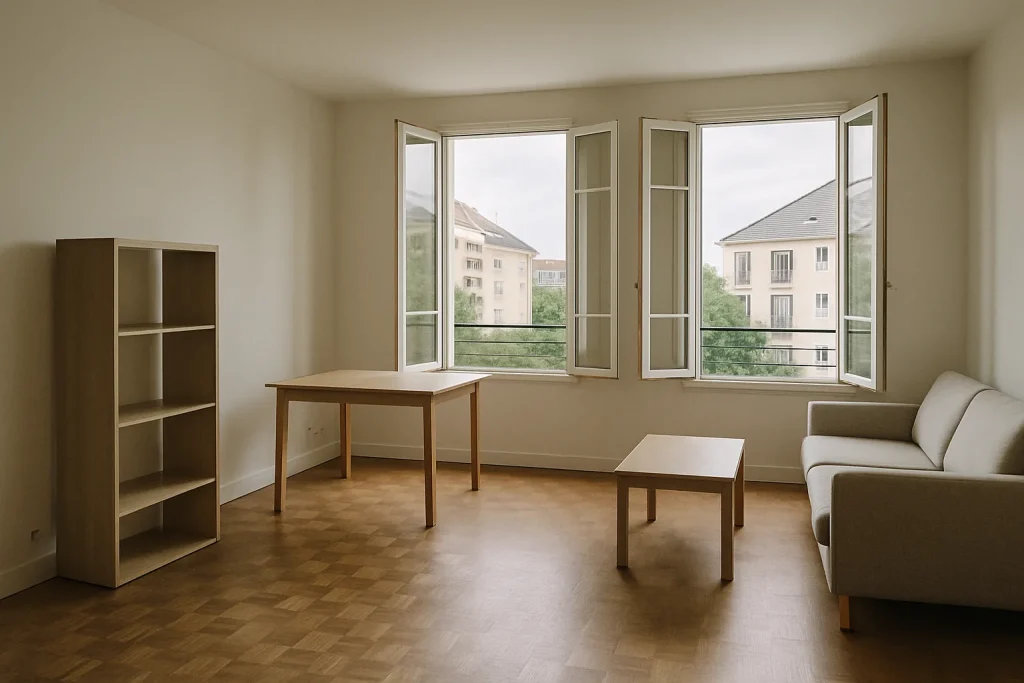 Appartement vide en Île-de-France avec fenêtres ouvertes et meubles minimalistes