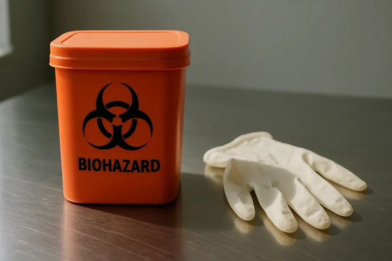 Conteneur de déchets biologiques en gros plan avec gants de protection sur une surface métallique.