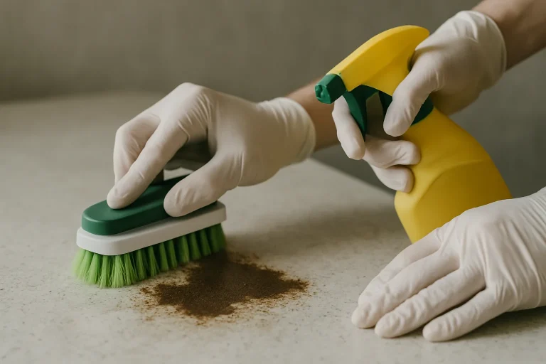 Mains gantées utilisant des outils de nettoyage sur une surface contaminée
