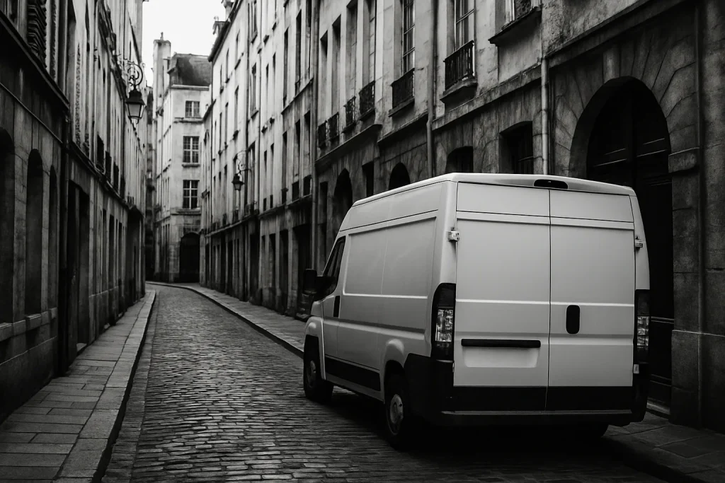 Une ruelle à Paris avec une camionnette de service en noir et blanc, bâtiments anciens en arrière-plan.