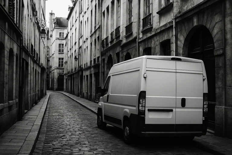Une ruelle à Paris avec une camionnette de service en noir et blanc, bâtiments anciens en arrière-plan.