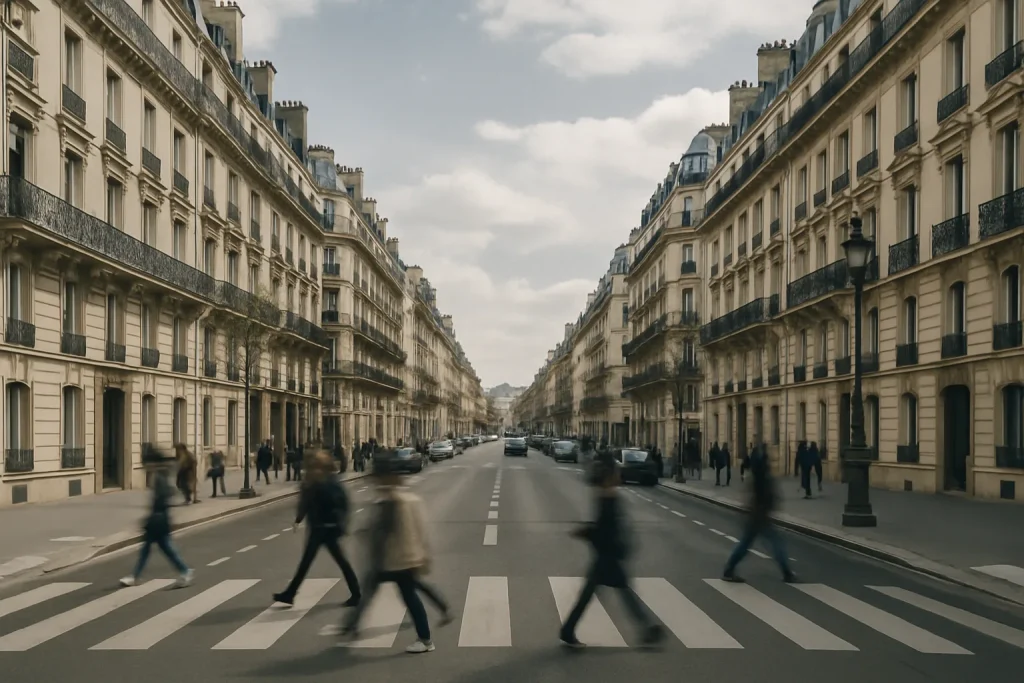 Vue d'une rue parisienne avec immeubles haussmanniens et passants flous.