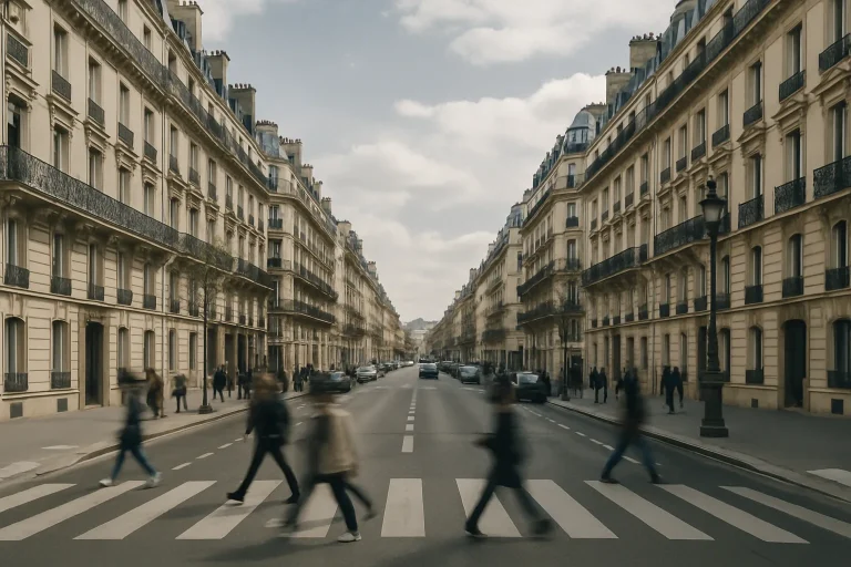 Vue d'une rue parisienne avec immeubles haussmanniens et passants flous.