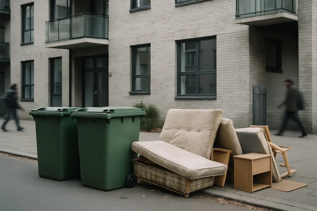 Immeuble urbain avec des bennes à ordures et encombrants sur le trottoir