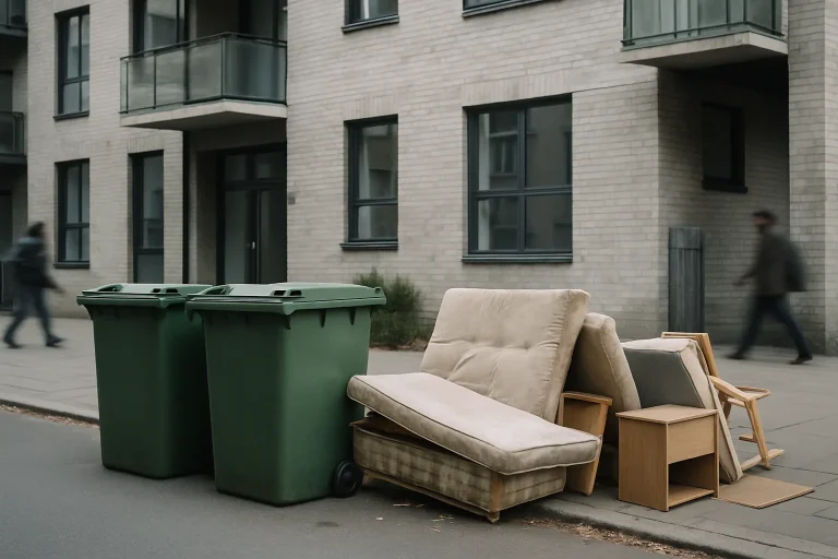 Immeuble urbain avec des bennes à ordures et encombrants sur le trottoir