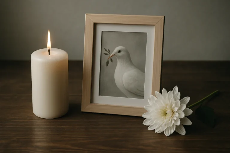 Bougie allumée, photo encadrée et fleur blanche sur table en bois, lumière douce