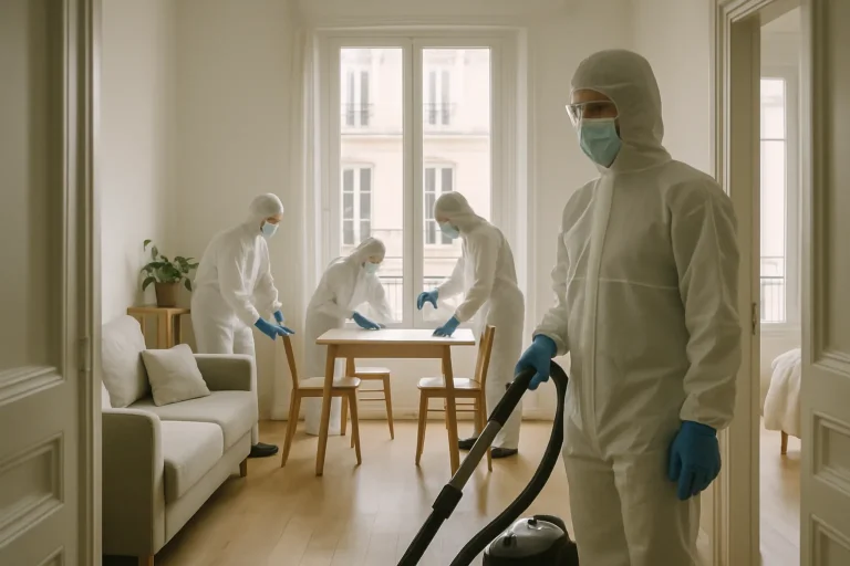 Équipe de nettoyage en tenue de protection dans un appartement parisien lumineux