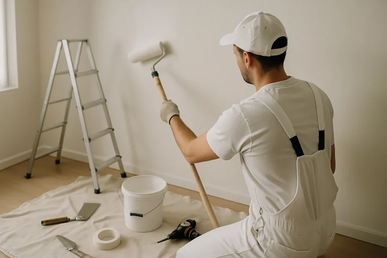 Artisan peignant un mur avec des outils de rénovation autour, lumière douce