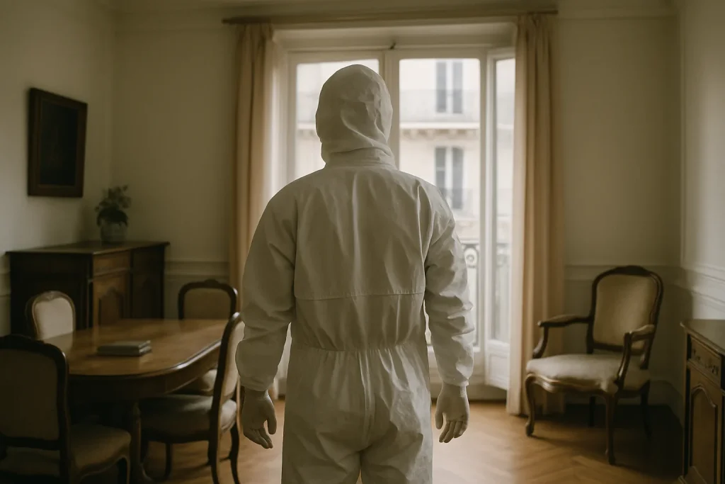Silhouette de dos en tenue de protection dans un appartement parisien, meubles anciens visibles