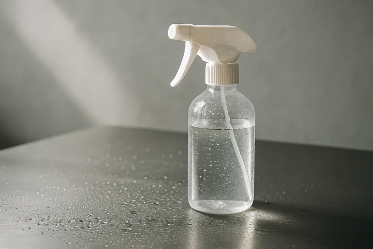 Gros plan sur un outil de désinfection avec gouttelettes d'eau sur une table en métal.