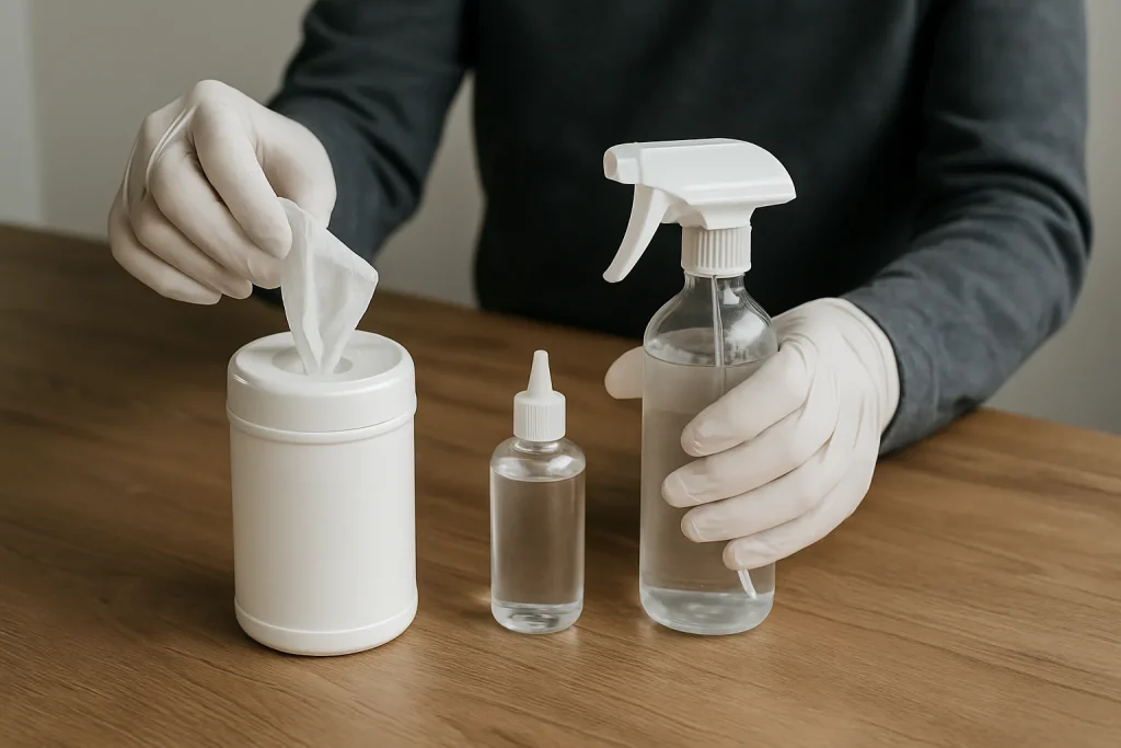 Mains en gants manipulant des produits de désinfection sur une table