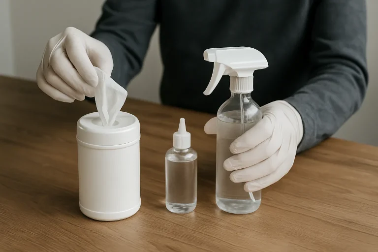 Mains en gants manipulant des produits de désinfection sur une table