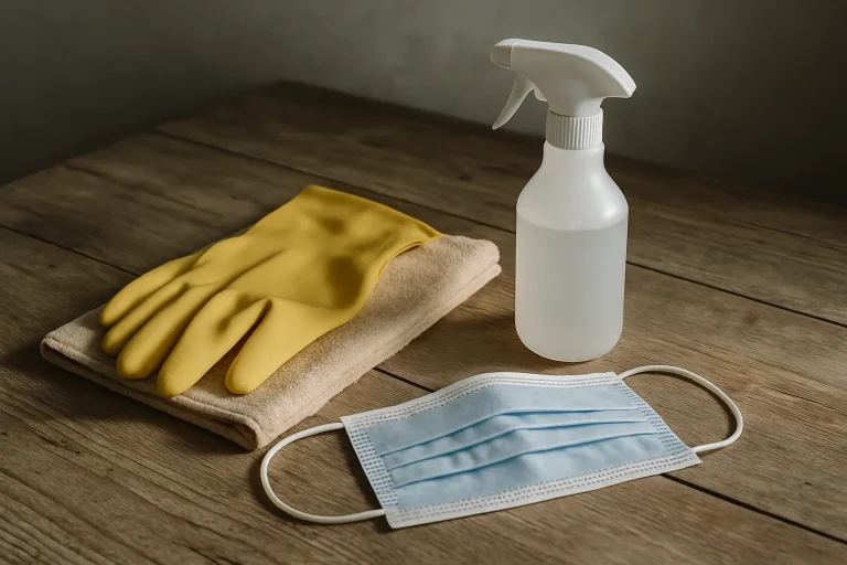 Outils de nettoyage spécialisés sur une table en bois, lumière latérale.