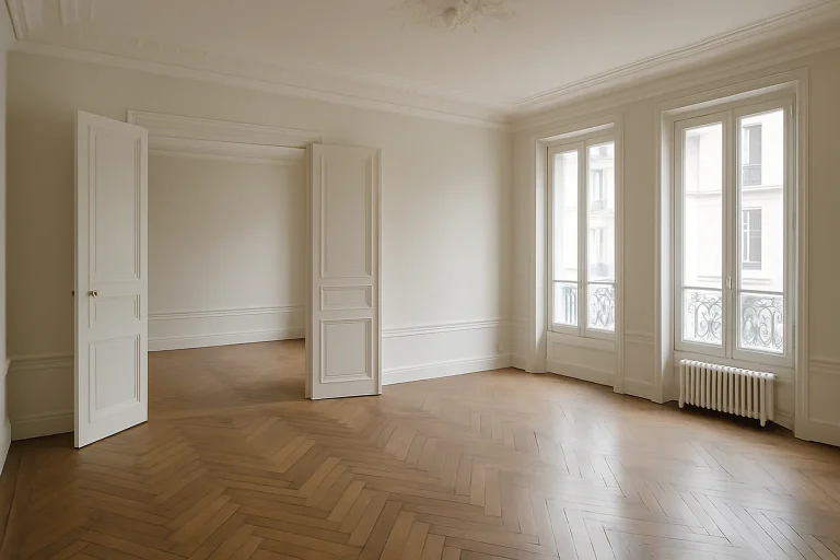 Appartement parisien vide avec parquet et moulures, lumière douce