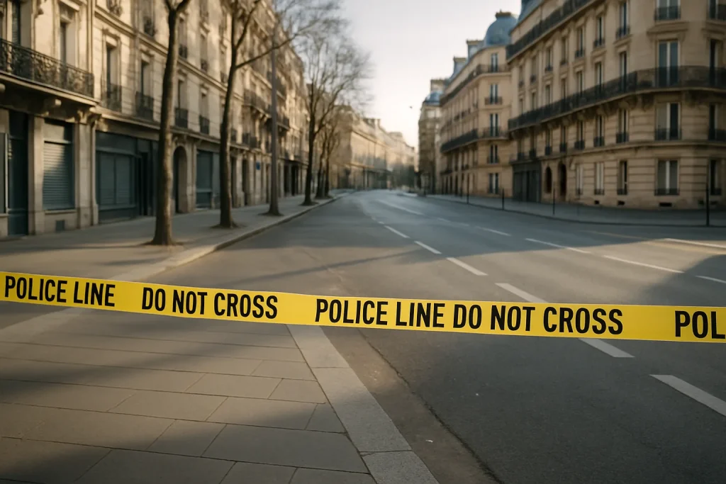 Rue à Paris avec ruban de police jaune délimitant une zone, bâtiments en arrière-plan.