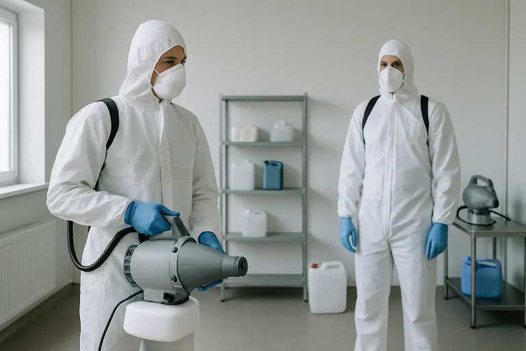 Techniciens en combinaisons désinfectant un espace avec matériel professionnel, lumière neutre