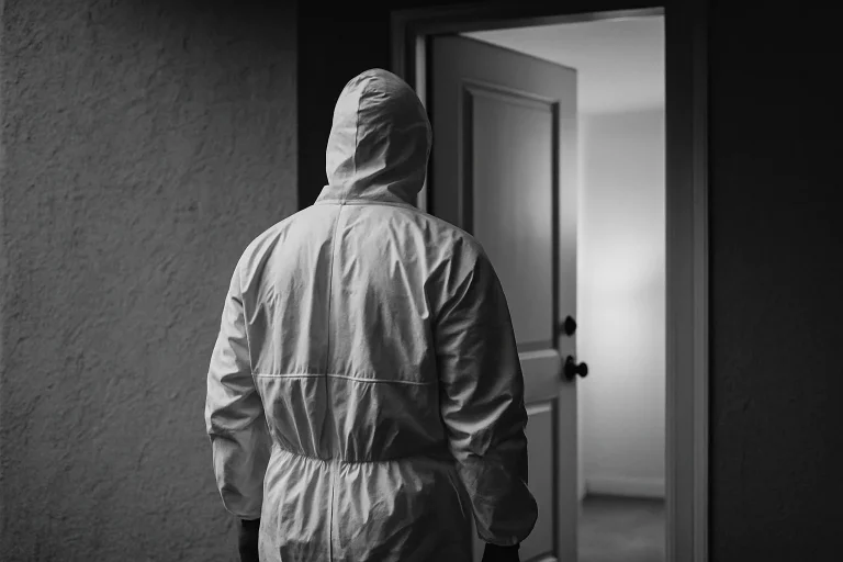 Silhouette de dos en combinaison de protection devant une porte d'entrée.