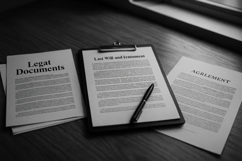Documents juridiques sur un bureau en bois, lumière douce, noir et blanc.