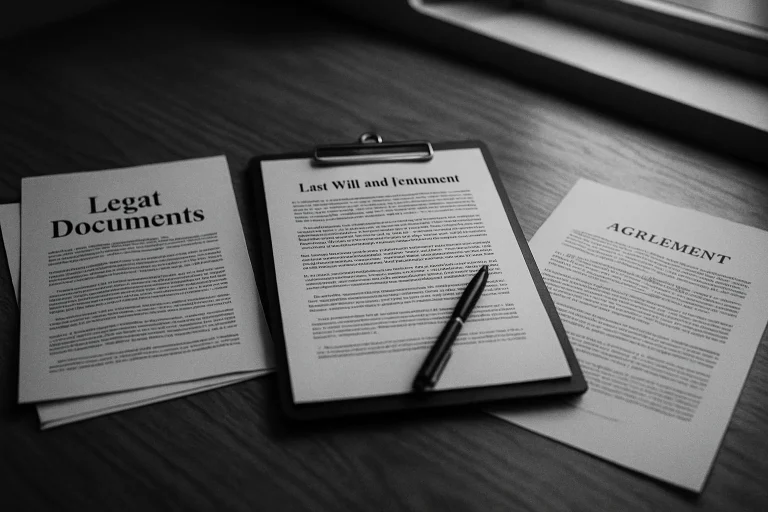 Documents juridiques sur un bureau en bois, lumière douce, noir et blanc.