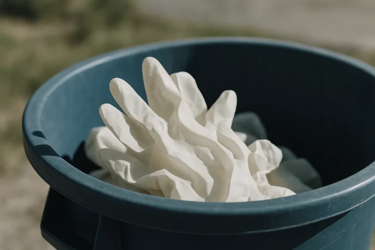 Gros plan sur des gants en latex dans une poubelle de recyclage, fond flou.