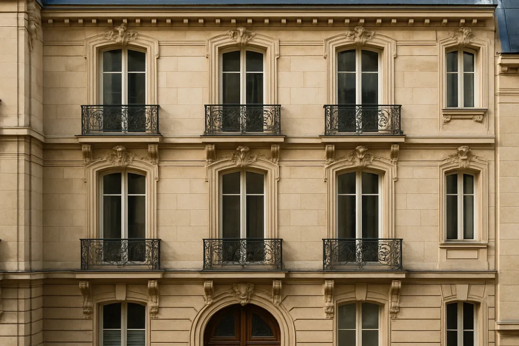Façade en pierre d'un immeuble historique parisien avec détails architecturaux.