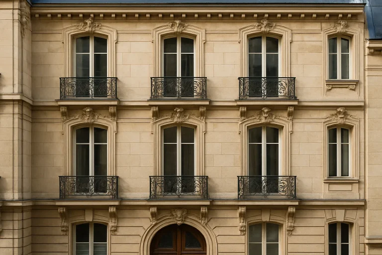 Façade en pierre d'un immeuble historique parisien avec détails architecturaux.