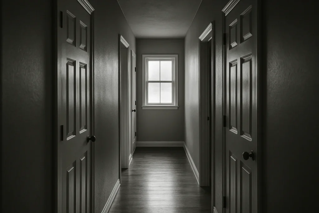 Couloir de maison avec portes alignées et lumière filtrante