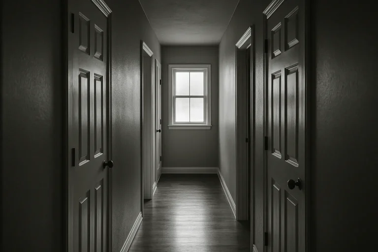 Couloir de maison avec portes alignées et lumière filtrante