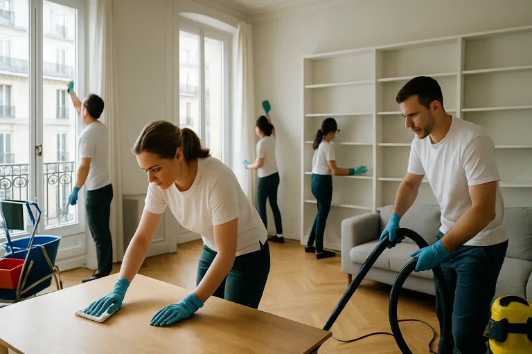Une équipe en tenue de protection effectuant un nettoyage dans un appartement parisien.