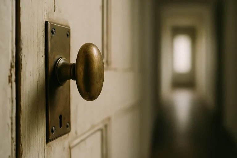 Gros plan d'une poignée de porte ancienne en laiton dans un couloir vide.