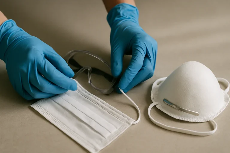 Mains gantées manipulant des équipements de protection avec un masque N95.
