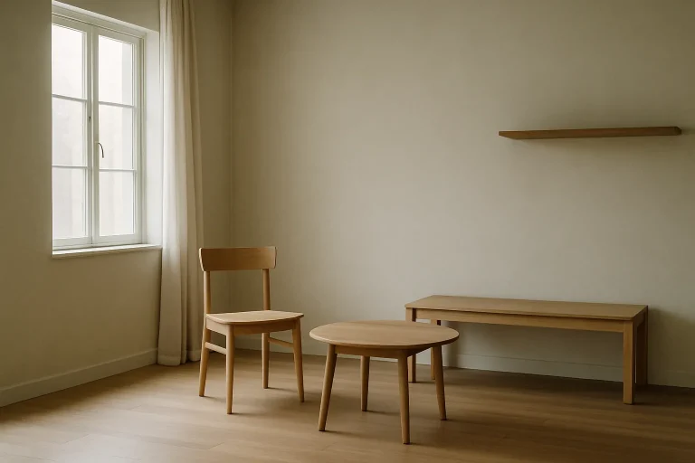 Vue d'une pièce vide avec meubles minimalistes et lumière douce.