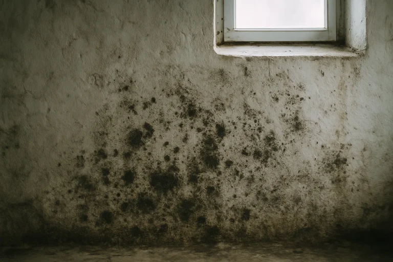 Surface murale de sous-sol avec humidité et moisissures visibles