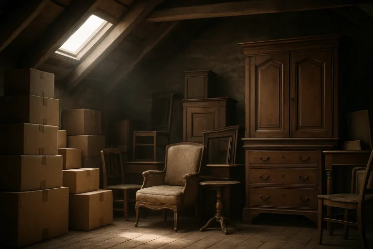 Grenier rempli de meubles anciens et cartons empilés, lumière douce par une lucarne.