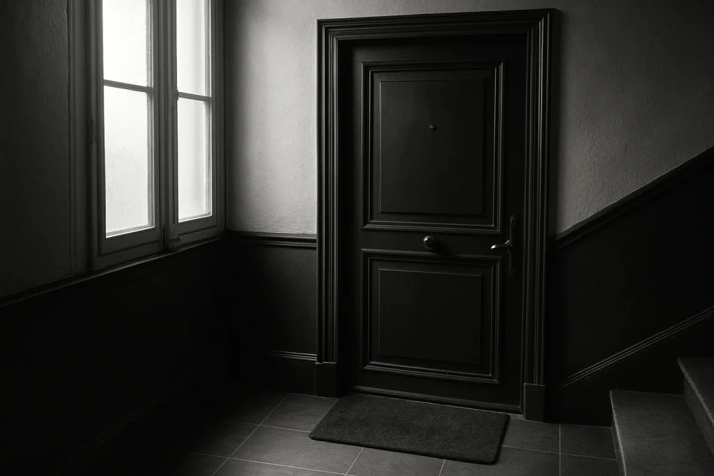 Porte d'appartement à Paris avec paillasson, lumière douce en couloir