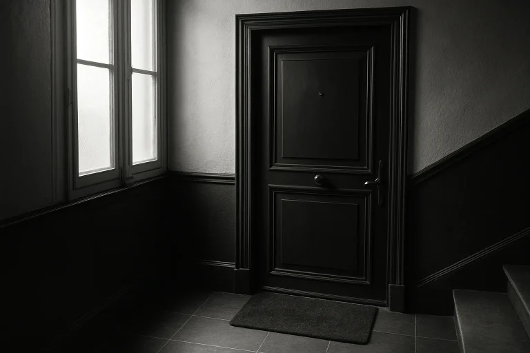 Porte d'appartement à Paris avec paillasson, lumière douce en couloir