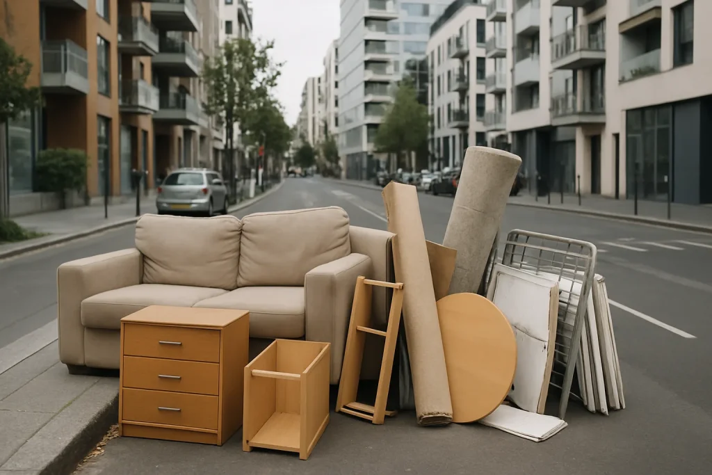 Rue urbaine avec encombrants sur le trottoir, bâtiments modernes en arrière-plan.