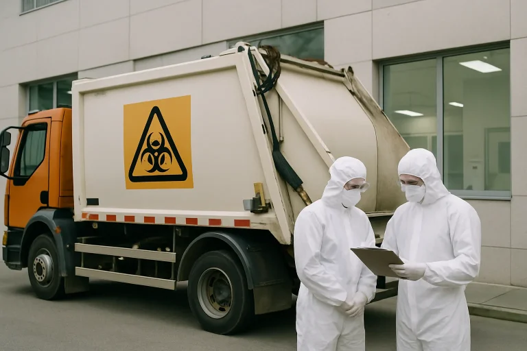 Camion de déchets biologiques près d'un laboratoire avec techniciens en tenue de protection