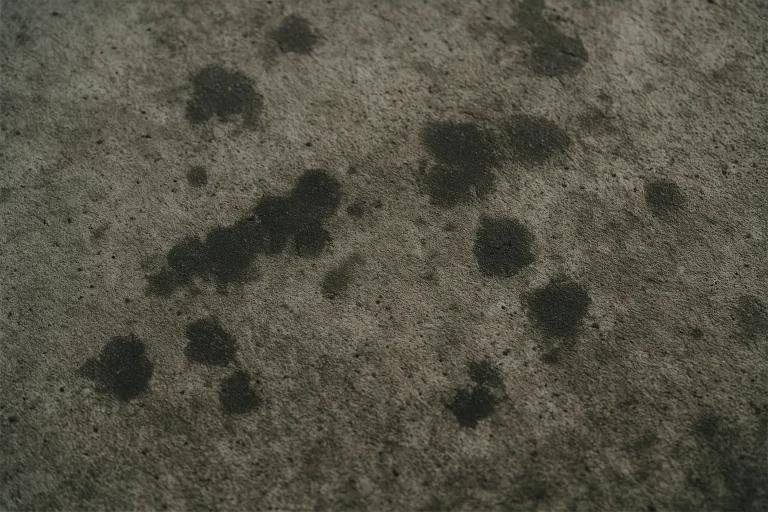 Gros plan sur une surface en béton avec des taches sombres, éclairée par une lumière naturelle.
