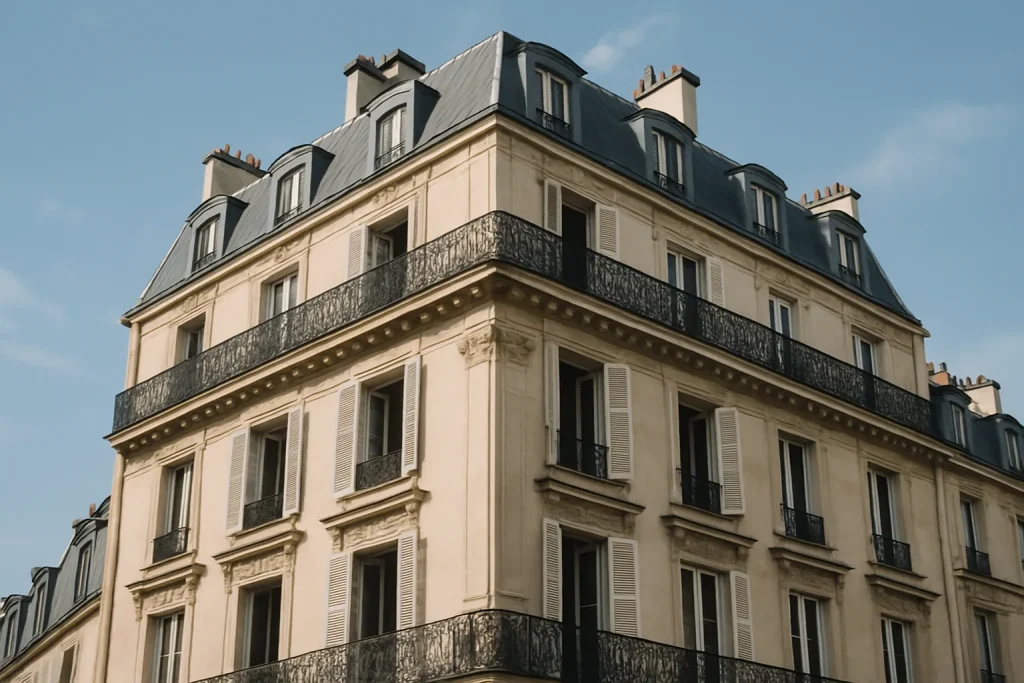 Immeuble haussmannien parisien avec ciel bleu en arrière-plan et fenêtres ouvertes.