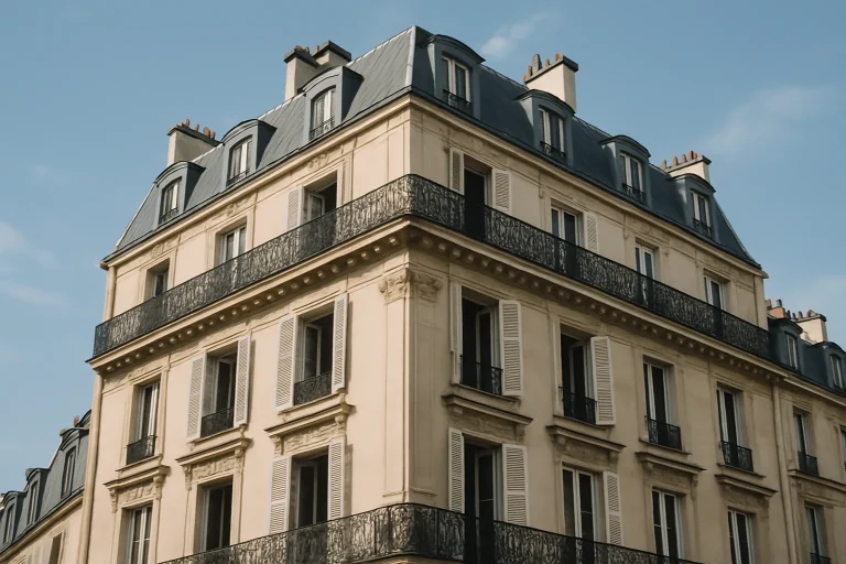 Immeuble haussmannien parisien avec ciel bleu en arrière-plan et fenêtres ouvertes.