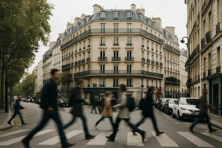Rue parisienne animée avec des immeubles en arrière-plan, lumière de jour