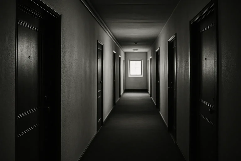 Couloir d'immeuble en copropriété avec portes alignées et lumière douce