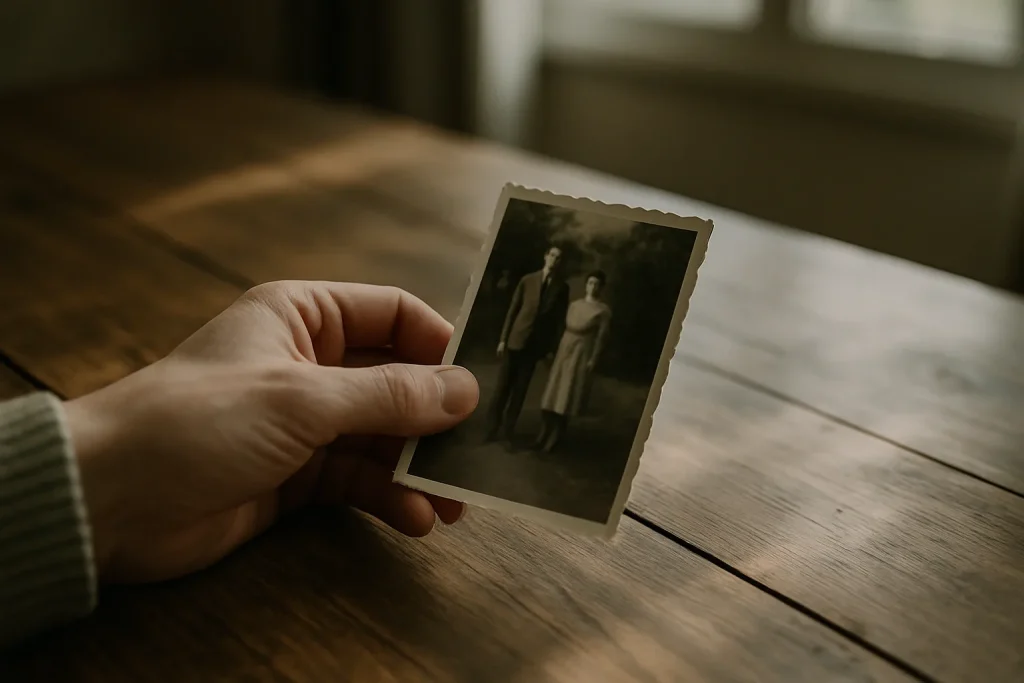 Gros plan sur une main avec une photo ancienne sur une table en bois, lumière naturelle.