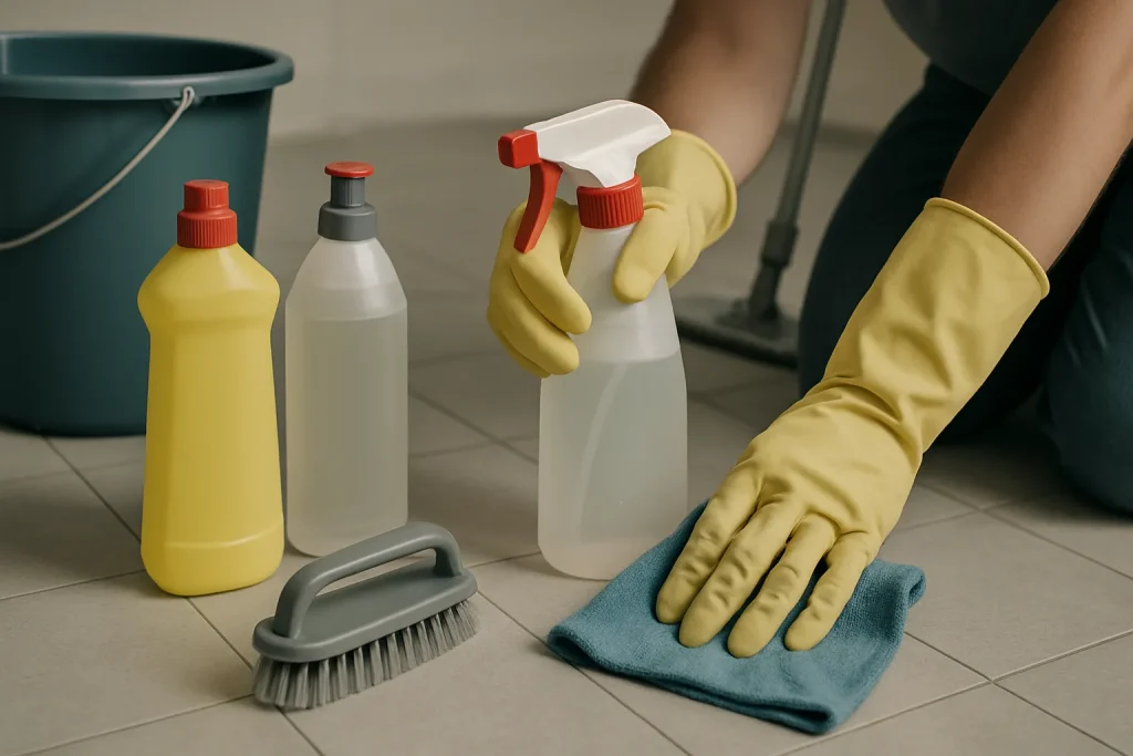 Mains gantées nettoyant un sol avec des produits professionnels, lumière neutre