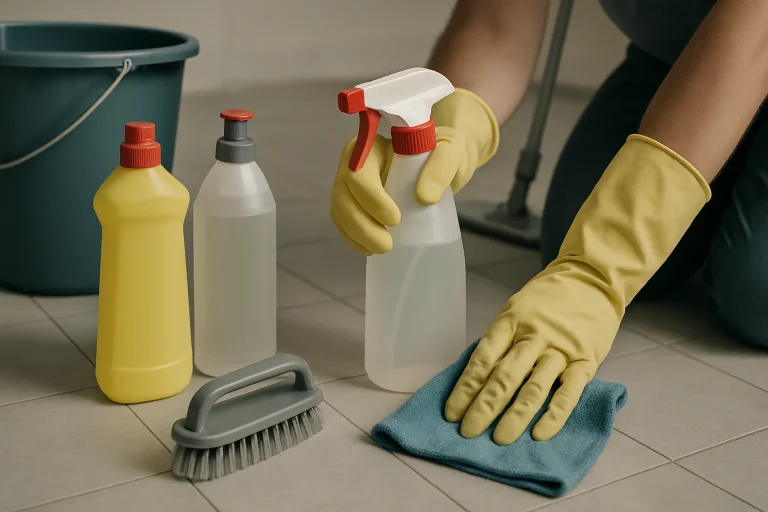 Mains gantées nettoyant un sol avec des produits professionnels, lumière neutre