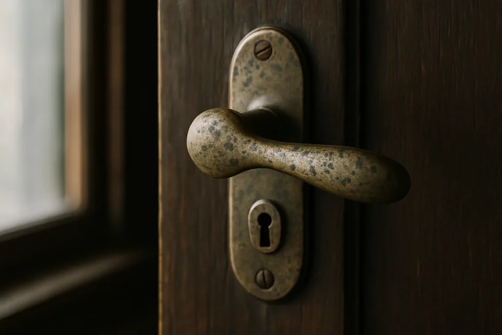 Gros plan sur une poignée de porte en laiton oxydée, lumière naturelle.